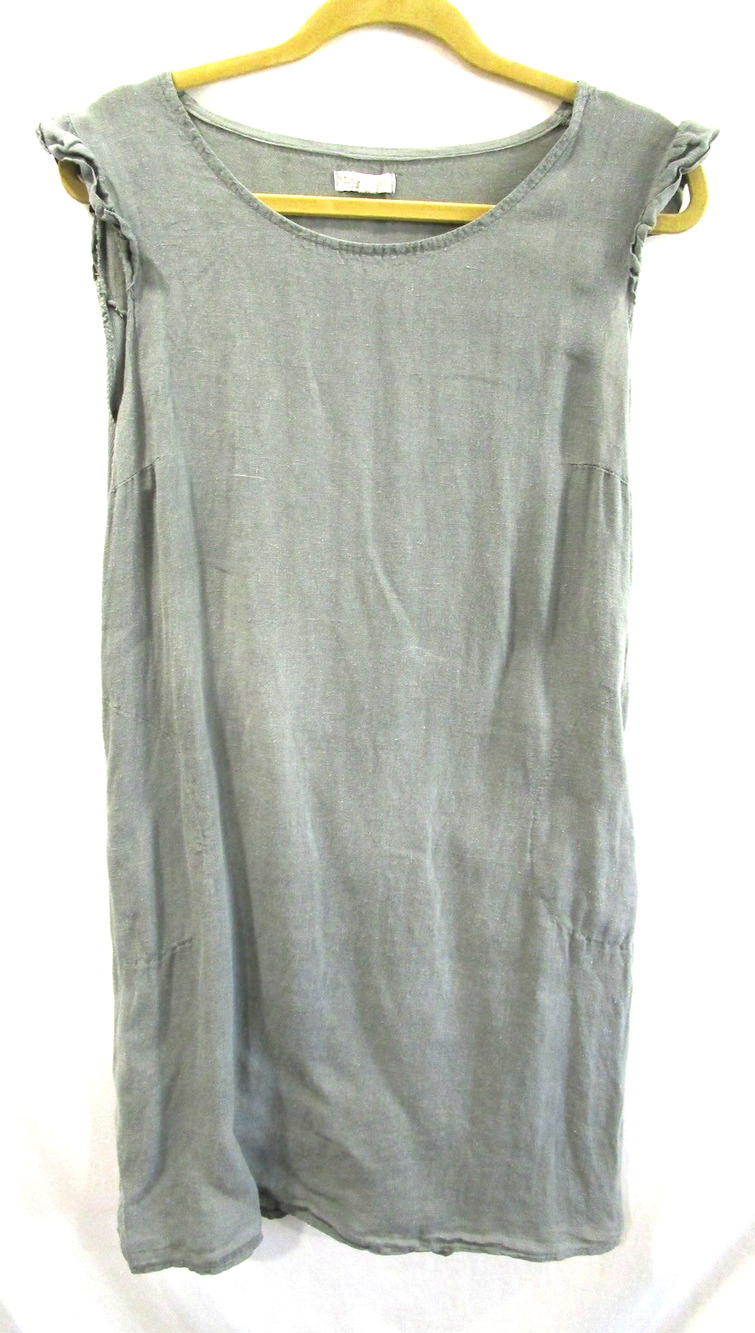 Lina Tomei Linen Italy Green Linen Sleeveless Ruffled Shift Dress Women XL